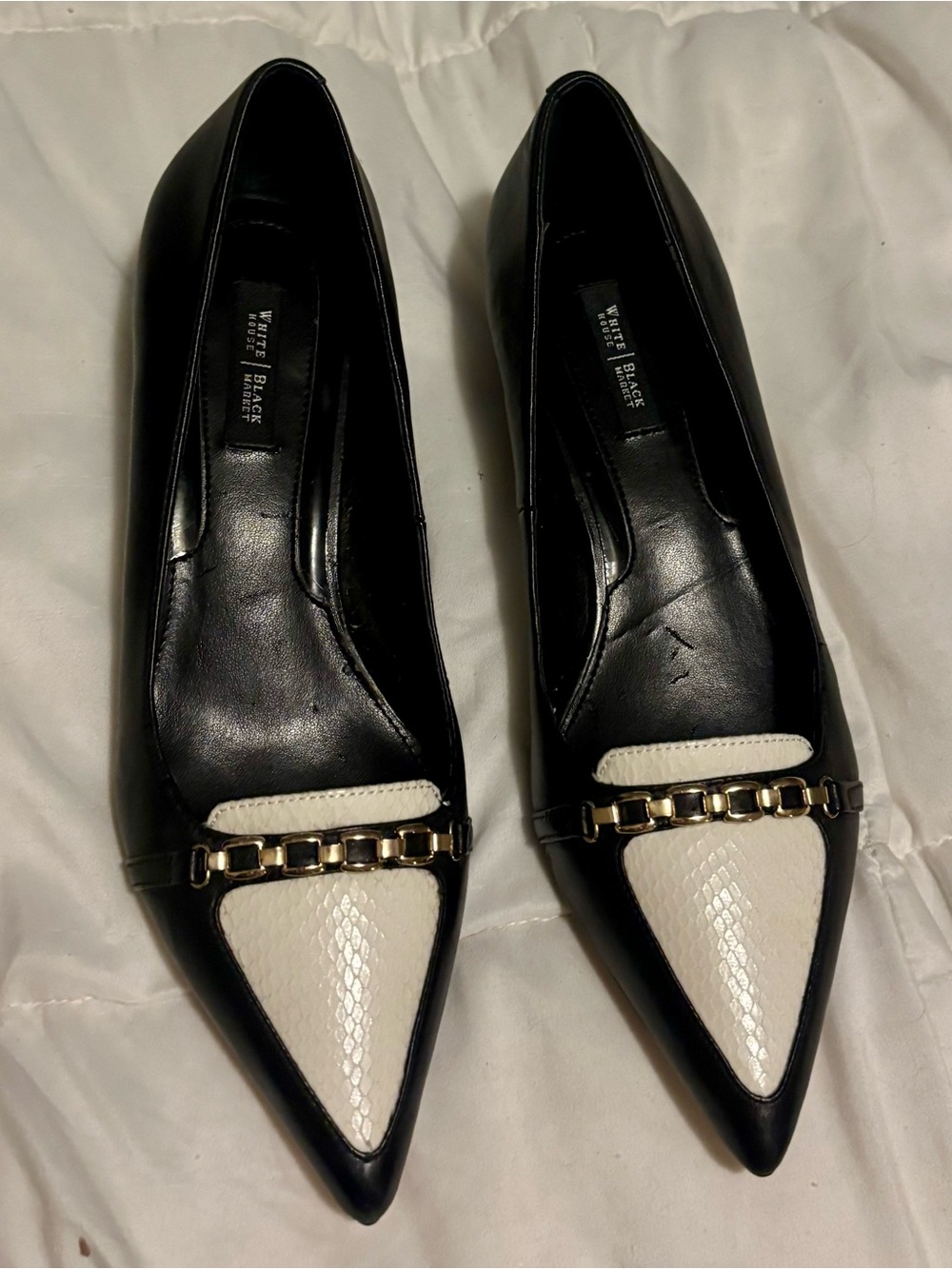 White House Black Market Black and White Pointed Toe Chain-Accent Flats